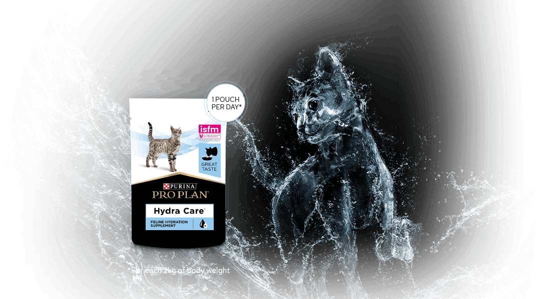 Packaging of Pro Plan Hydra Care wet food, featuring a background illustrating a cat shaped from water, promoting increased daily water intake.