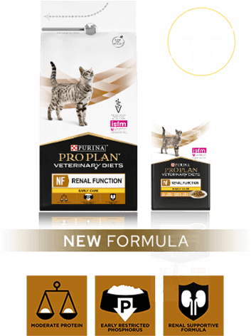 Packaging of Purina Pro Plan Veterinary Diets NF Renal Function Early Care, featuring dry and wet food for IRIS stages 1 and 2.