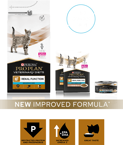 Packaging of Purina Pro Plan Veterinary Diets NF Renal Function Advanced Care, featuring dry and wet food for IRIS stages 3 and 4.