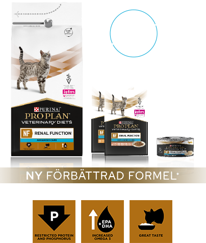Packaging of Purina Pro Plan Veterinary Diets NF Renal Function Advanced Care, featuring dry and wet food for IRIS stages 3 and 4.